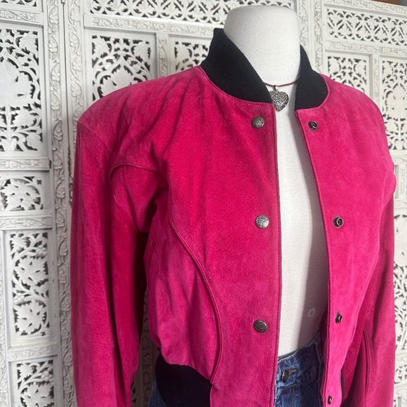 Vintage Chia Hot Pink Suede Leather Western Button Up Shoulder Pad Jacket - Picture 2 of 9